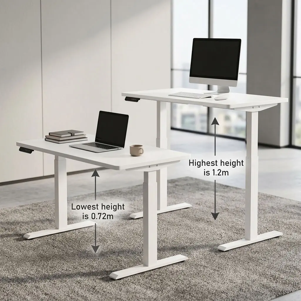 A premium 1.2M Electric Work Desk – White featuring a smooth rectangular matte white top on a matching white motorized telescoping steel frame base with t-style leveling feet, showcasing its height range from the lowest position of zero-point-seventy-two meters to the highest standing extension of one-point-two meters.