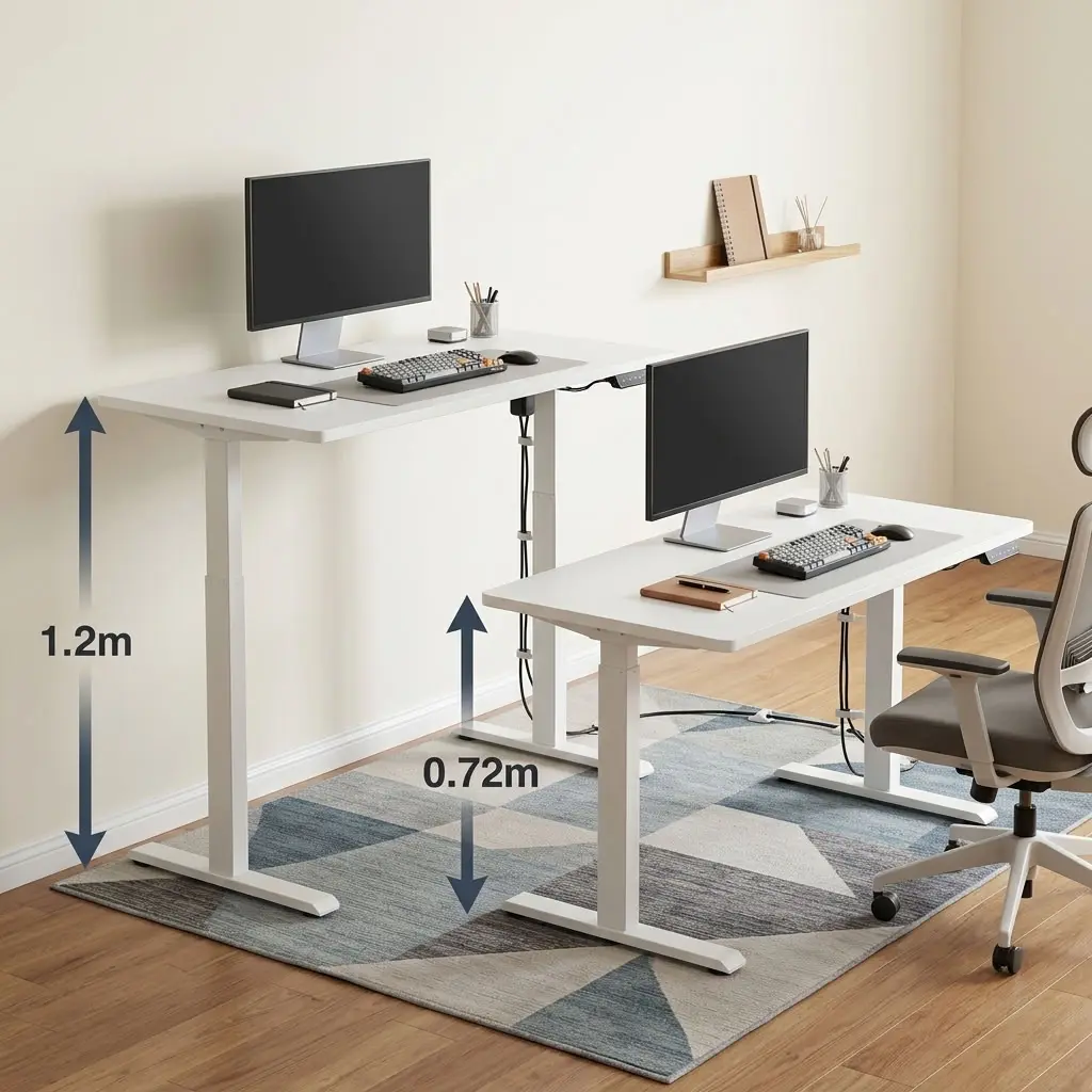 A premium 1.2M Electric Work Desk – White featuring a smooth rectangular matte white top on a matching white motorized telescoping steel frame base with t-style leveling feet, showcasing its height range from the lowest position of zero-point-seventy-two meters to the highest standing extension of one-point-two meters.