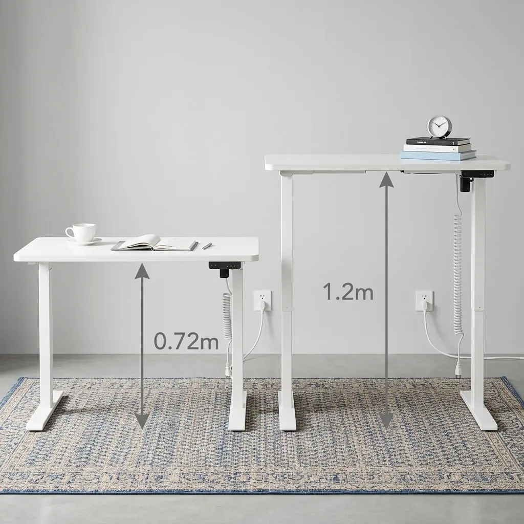A premium 1.2M Electric Work Desk – White featuring a smooth rectangular matte white top on a matching white motorized telescoping steel frame base with t-style leveling feet, showcasing its height range from the lowest position of zero-point-seventy-two meters to the highest standing extension of one-point-two meters.