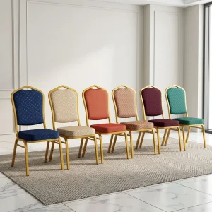A series of commercial Conference Room Stackable Chairs showcasing crown-back silhouettes, heavy-duty gold-finished metal leg frames, and thick padded seat cushions upholstered in diamond-patterned fabric options including navy blue, beige, burnt orange, brown, dark maroon, and emerald green.