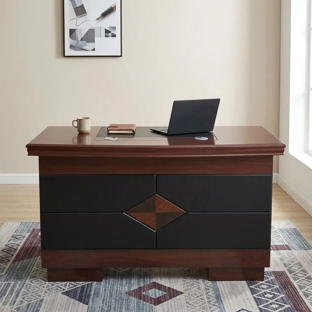 A premium 1.2M Classic Mahogany Desk showcasing a rich dark reddish-brown wood grain finish, an integrated black leatherette writing blotter top with silver grommets, a left-side cabinet door, a central keyboard tray, and a right-side three-drawer storage pillar with horizontal silver pulls and a key lock.