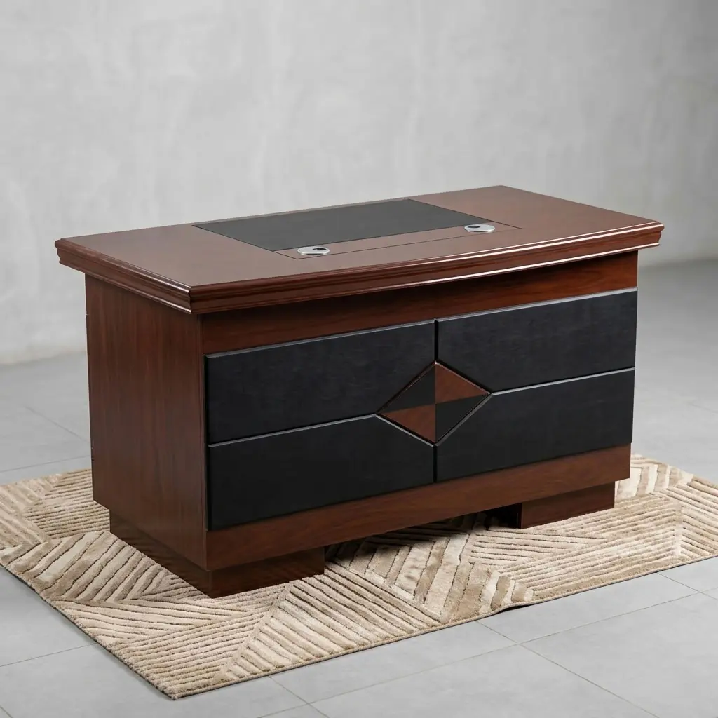 A premium 1.2M Classic Mahogany Desk showcasing a rich dark reddish-brown wood grain finish, an integrated black leatherette writing blotter top with silver grommets, a left-side cabinet door, a central keyboard tray, and a right-side three-drawer storage pillar with horizontal silver pulls and a key lock.