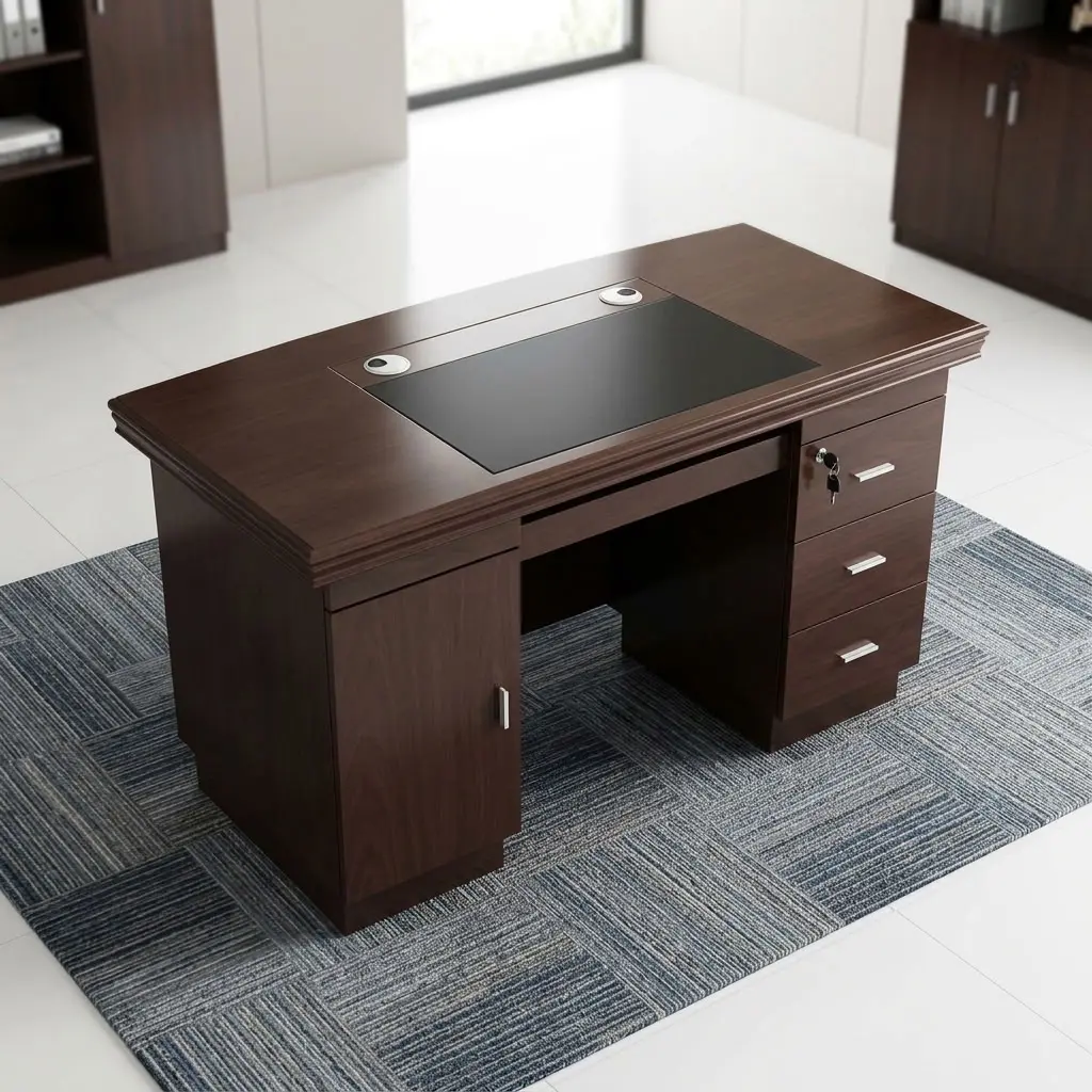 A premium 1.2M Classic Mahogany Desk showcasing a rich dark reddish-brown wood grain finish, an integrated black leatherette writing blotter top with silver grommets, a left-side cabinet door, a central keyboard tray, and a right-side three-drawer storage pillar with horizontal silver pulls and a key lock.