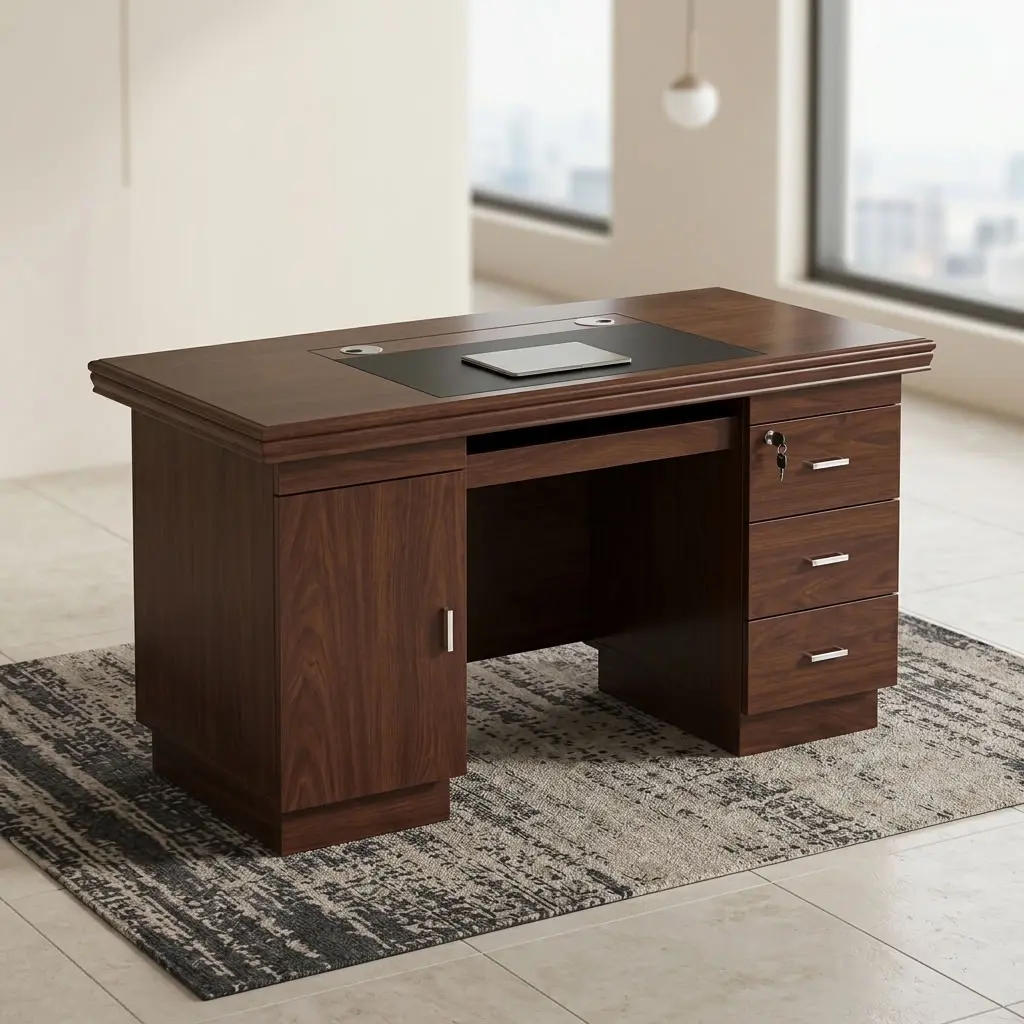 A premium 1.2M Classic Mahogany Desk showcasing a rich dark reddish-brown wood grain finish, an integrated black leatherette writing blotter top with silver grommets, a left-side cabinet door, a central keyboard tray, and a right-side three-drawer storage pillar with horizontal silver pulls and a key lock.