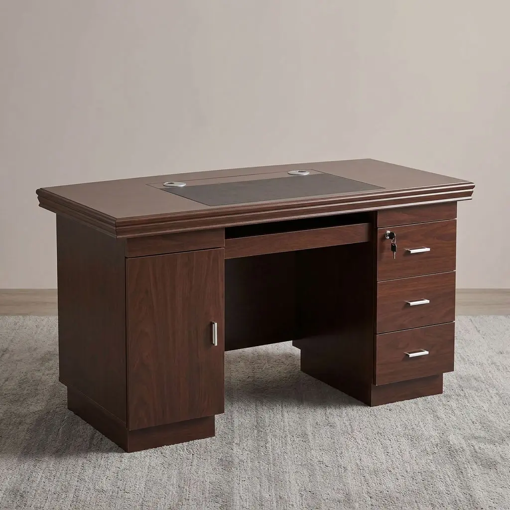 A premium 1.2M Classic Mahogany Desk showcasing a rich dark reddish-brown wood grain finish, an integrated black leatherette writing blotter top with silver grommets, a left-side cabinet door, a central keyboard tray, and a right-side three-drawer storage pillar with horizontal silver pulls and a key lock.