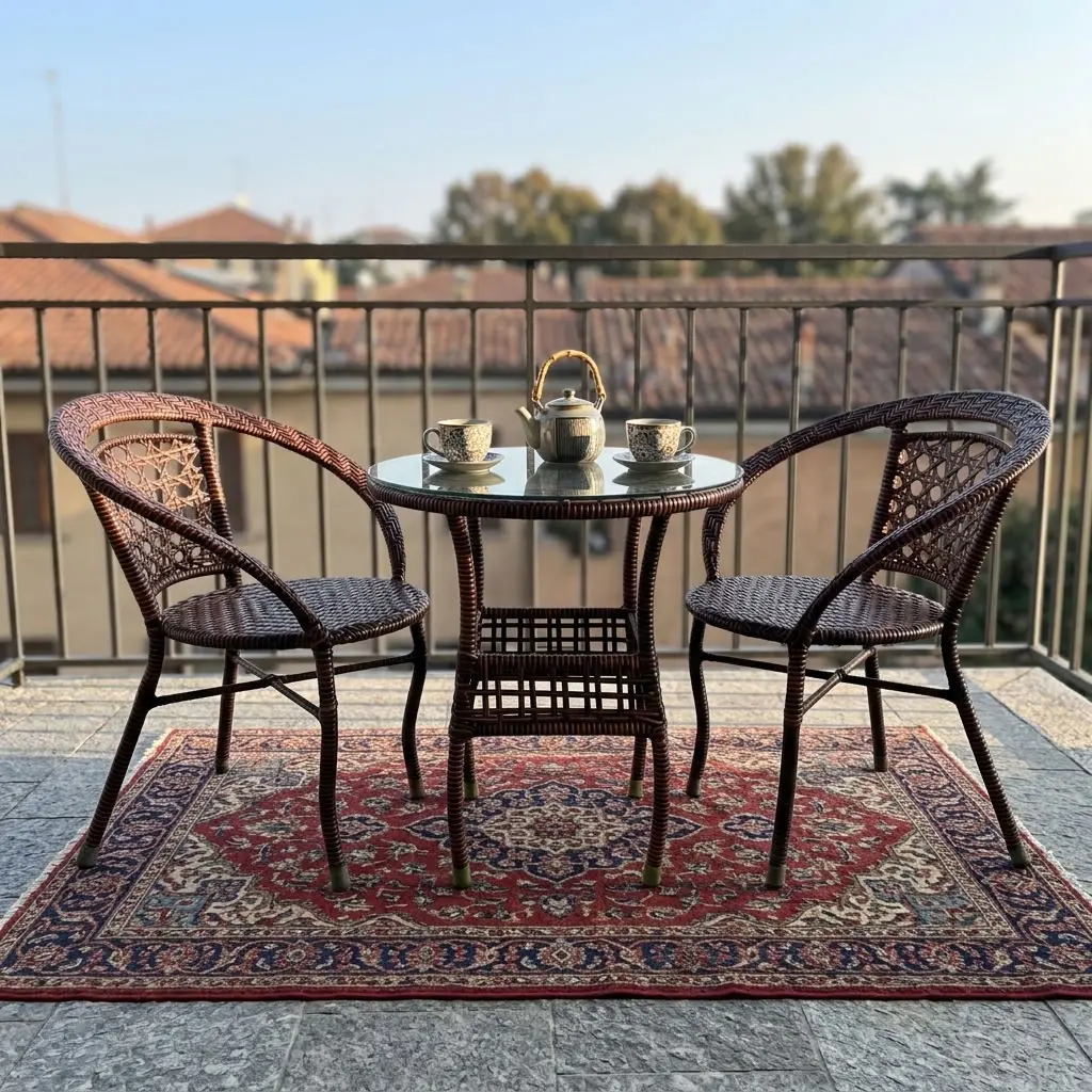A premium 2-Seater Rattan Bistro Set featuring two deep brown hand-woven synthetic rattan tub armchairs with detailed weave patterns, paired with a matching round woven bistro table topped with clear tempered glass and an integrated lower storage shelf.