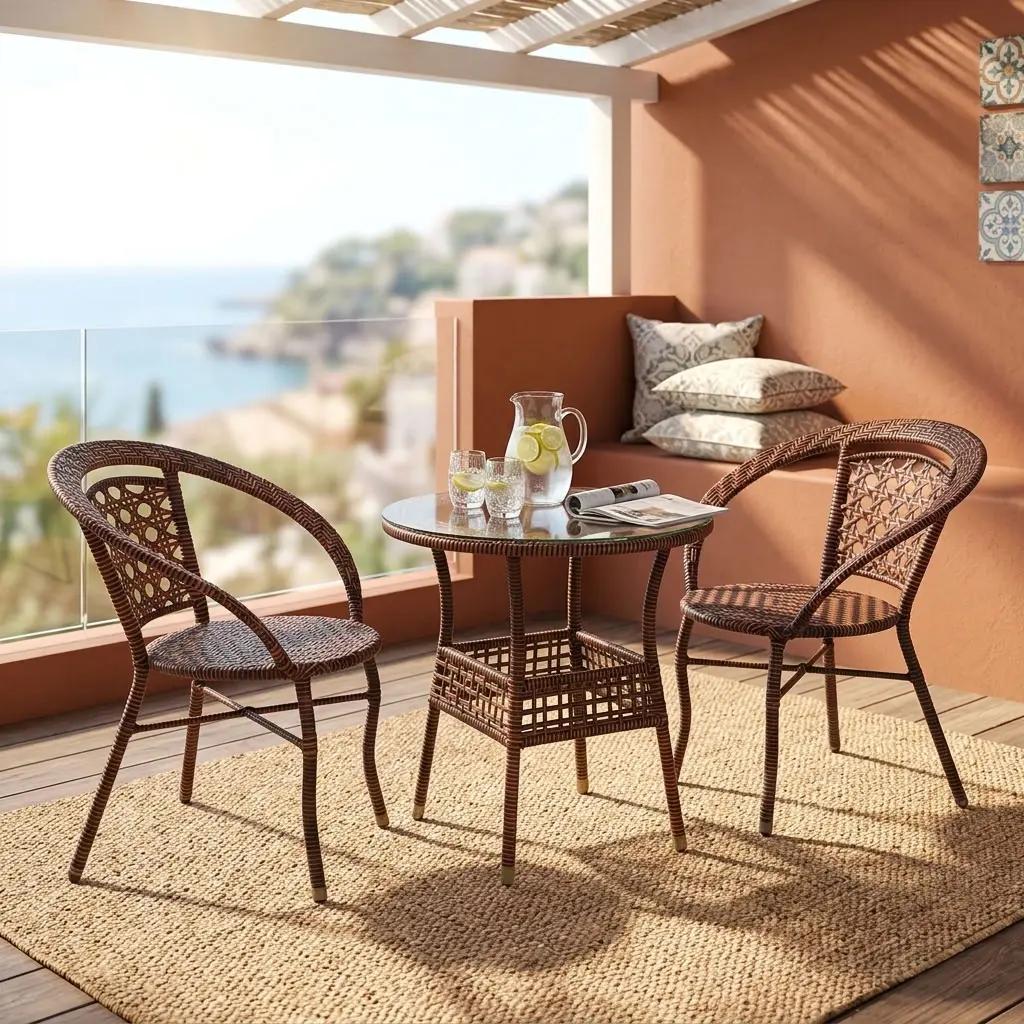 A premium 2-Seater Rattan Bistro Set featuring two deep brown hand-woven synthetic rattan tub armchairs with detailed weave patterns, paired with a matching round woven bistro table topped with clear tempered glass and an integrated lower storage shelf.