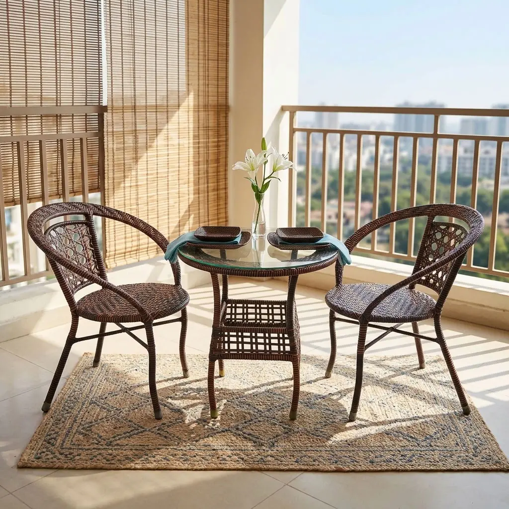 A premium 2-Seater Rattan Bistro Set featuring two deep brown hand-woven synthetic rattan tub armchairs with detailed weave patterns, paired with a matching round woven bistro table topped with clear tempered glass and an integrated lower storage shelf.
