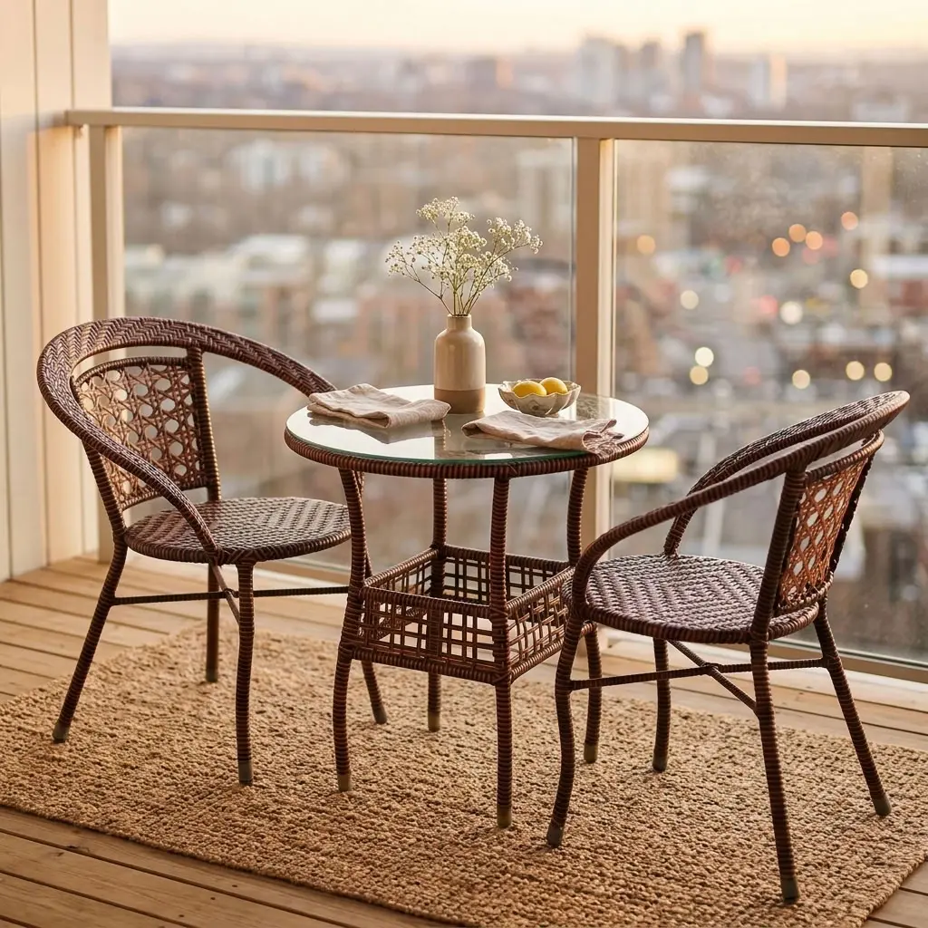 A premium 2-Seater Rattan Bistro Set featuring two deep brown hand-woven synthetic rattan tub armchairs with detailed weave patterns, paired with a matching round woven bistro table topped with clear tempered glass and an integrated lower storage shelf.