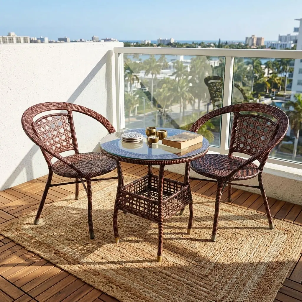 A premium 2-Seater Rattan Bistro Set featuring two deep brown hand-woven synthetic rattan tub armchairs with detailed weave patterns, paired with a matching round woven bistro table topped with clear tempered glass and an integrated lower storage shelf.