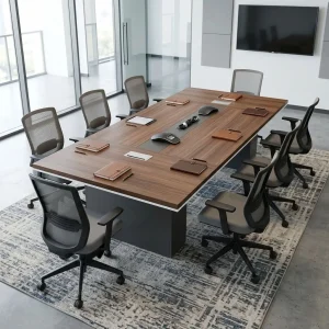 A premium 8-Seater Corporate Conference Table featuring a thick rectangular walnut-finished wood top, an integrated brushed silver center multimedia data track, and dual heavy-duty matte charcoal gray pedestal support columns.