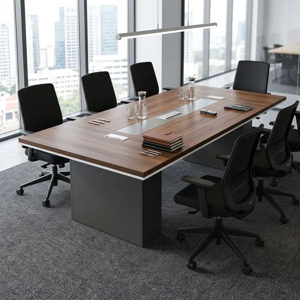 A premium 8-Seater Corporate Conference Table featuring a thick rectangular walnut-finished wood top, an integrated brushed silver center multimedia data track, and dual heavy-duty matte charcoal gray pedestal support columns.