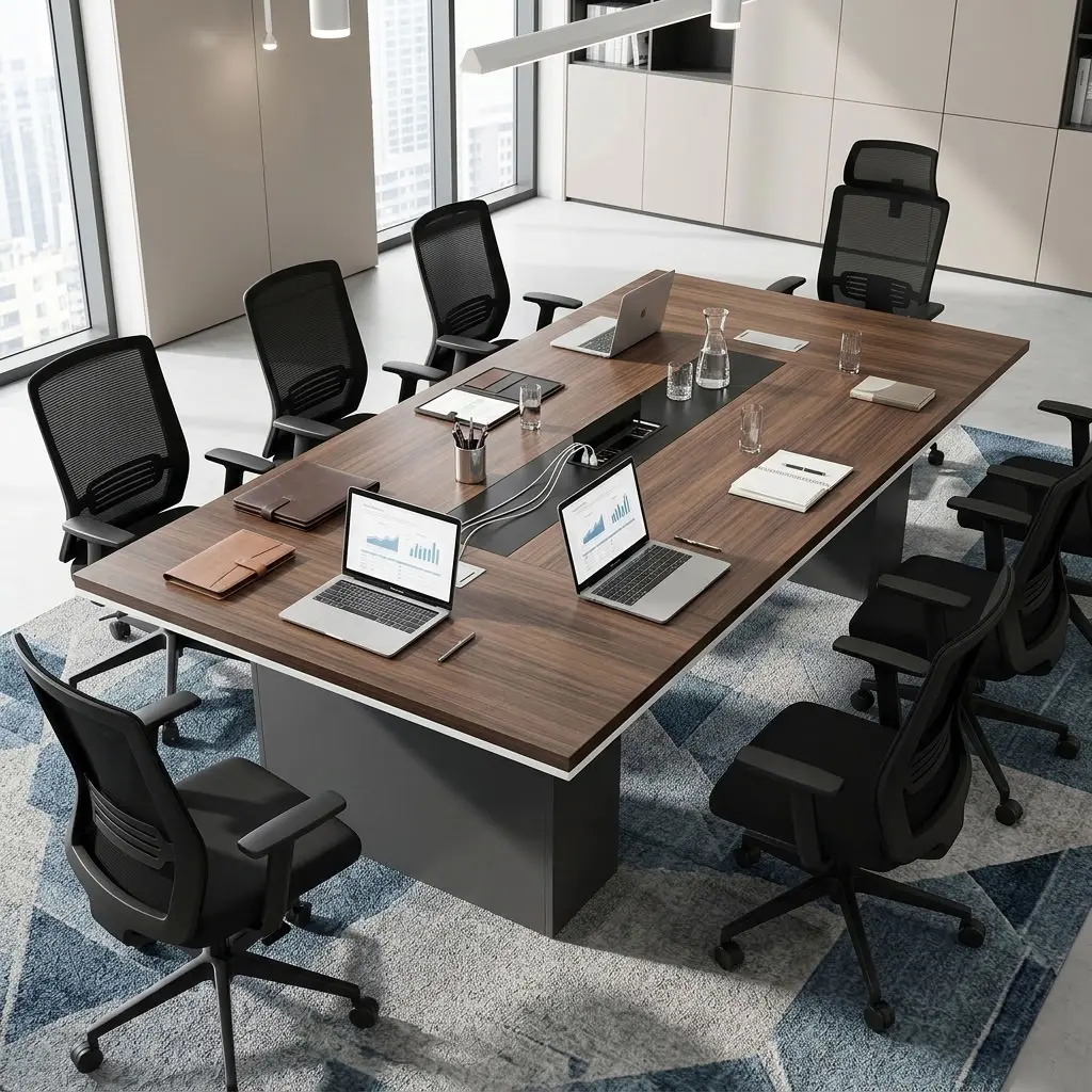 A premium 8-Seater Corporate Conference Table featuring a thick rectangular walnut-finished wood top, an integrated brushed silver center multimedia data track, and dual heavy-duty matte charcoal gray pedestal support columns.