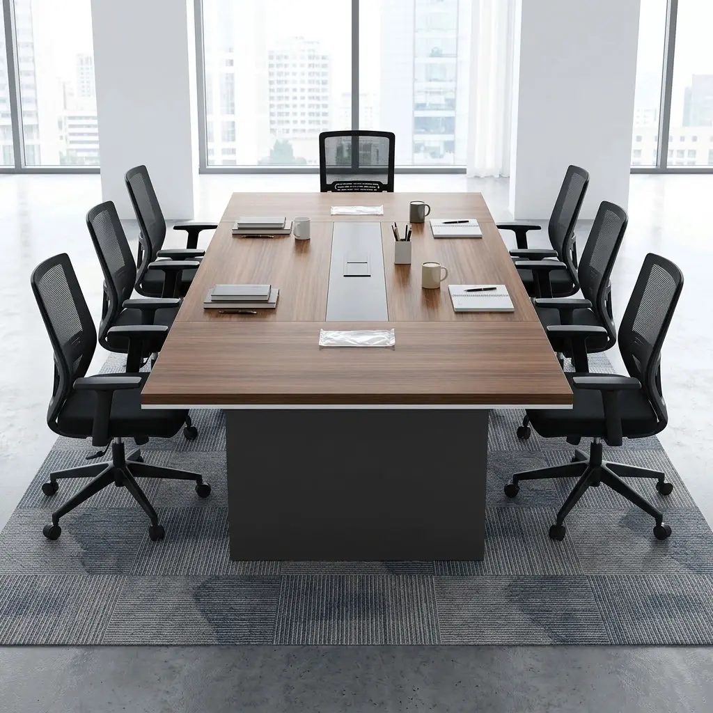 A premium 8-Seater Corporate Conference Table featuring a thick rectangular walnut-finished wood top, an integrated brushed silver center multimedia data track, and dual heavy-duty matte charcoal gray pedestal support columns.