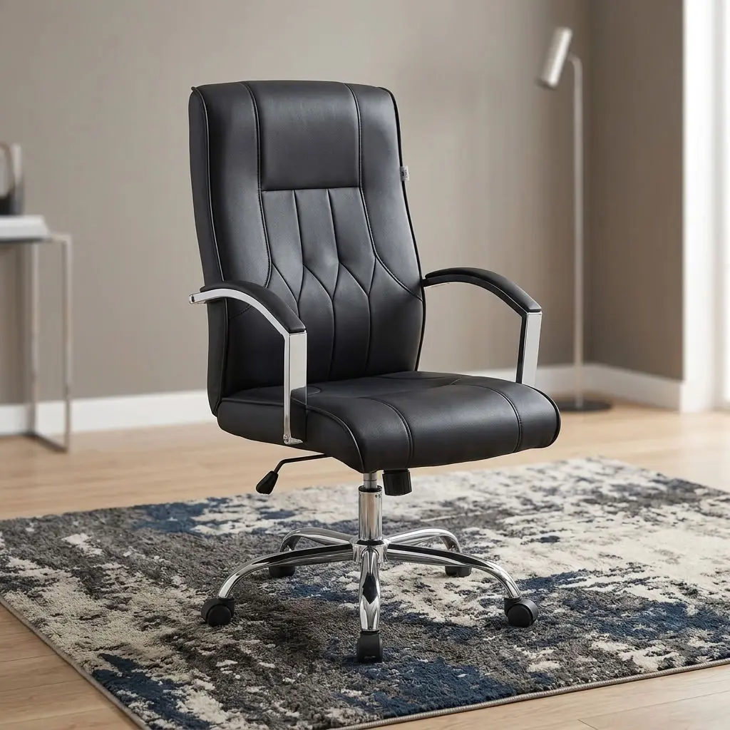 A premium high-back Corporate Boardroom Leather Chair featuring a contoured black leather seat and backrest accented with sophisticated vertical and diamond tufted stitching, fixed arched chrome armrests with black leather padding, and an adjustable polished chrome five-star swivel base on rolling casters.