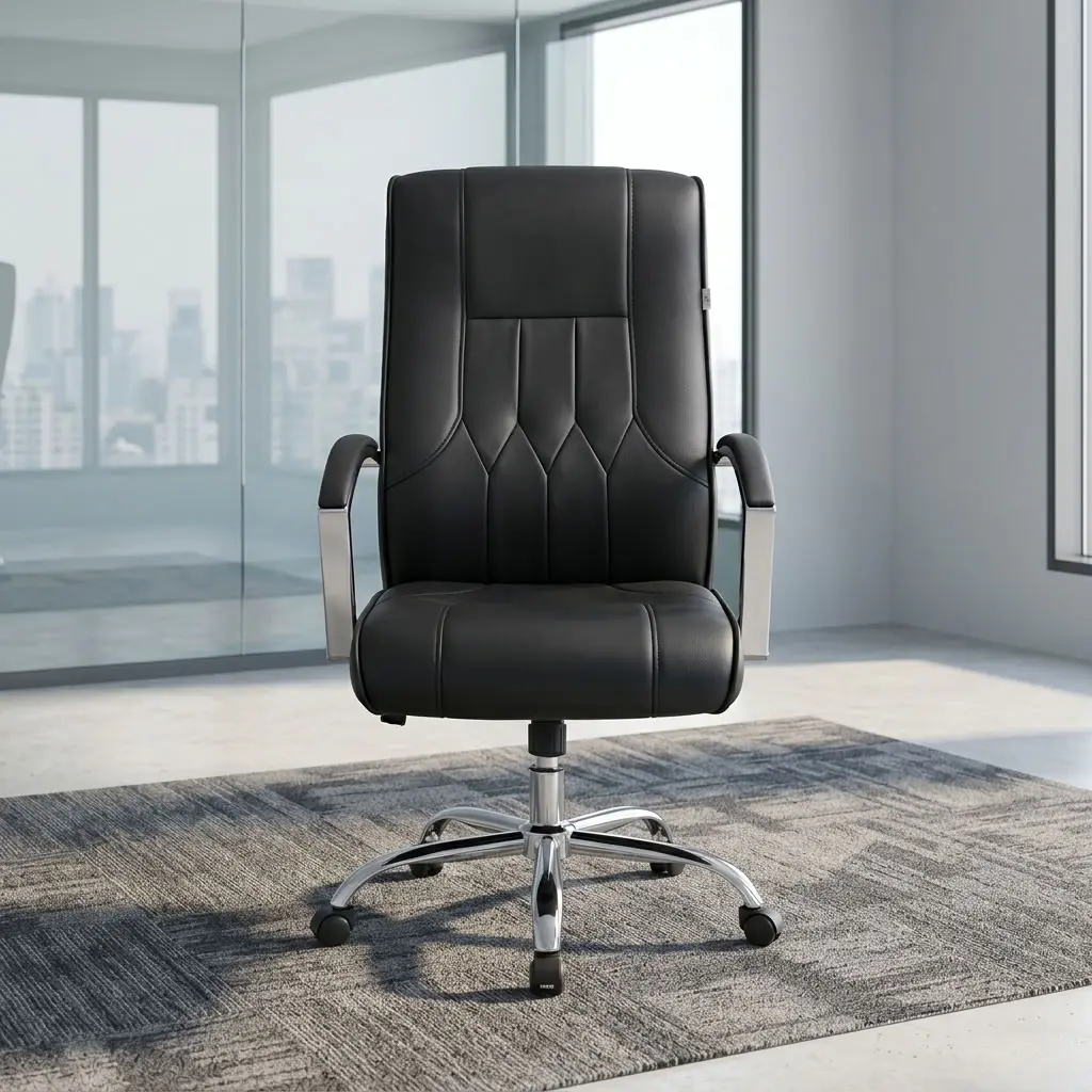 A premium high-back Corporate Boardroom Leather Chair featuring a contoured black leather seat and backrest accented with sophisticated vertical and diamond tufted stitching, fixed arched chrome armrests with black leather padding, and an adjustable polished chrome five-star swivel base on rolling casters.