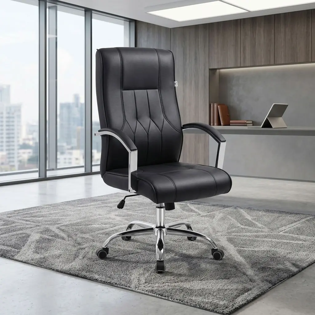 A premium high-back Corporate Boardroom Leather Chair featuring a contoured black leather seat and backrest accented with sophisticated vertical and diamond tufted stitching, fixed arched chrome armrests with black leather padding, and an adjustable polished chrome five-star swivel base on rolling casters.