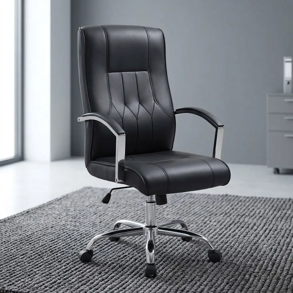 A premium high-back Corporate Boardroom Leather Chair featuring a contoured black leather seat and backrest accented with sophisticated vertical and diamond tufted stitching, fixed arched chrome armrests with black leather padding, and an adjustable polished chrome five-star swivel base on rolling casters.