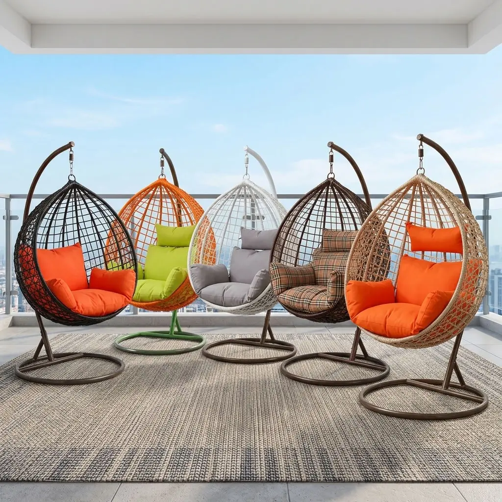 A collection of five teardrop-shaped Rattan Swing Hammock Chair units featuring hand-woven synthetic wicker baskets suspended from curved iron arch frames on circular pedestal bases, showcasing varied color ways including black with orange cushions, orange with lime green cushions, white with gray cushions, dark brown with plaid cushions, and natural tan with orange cushions.