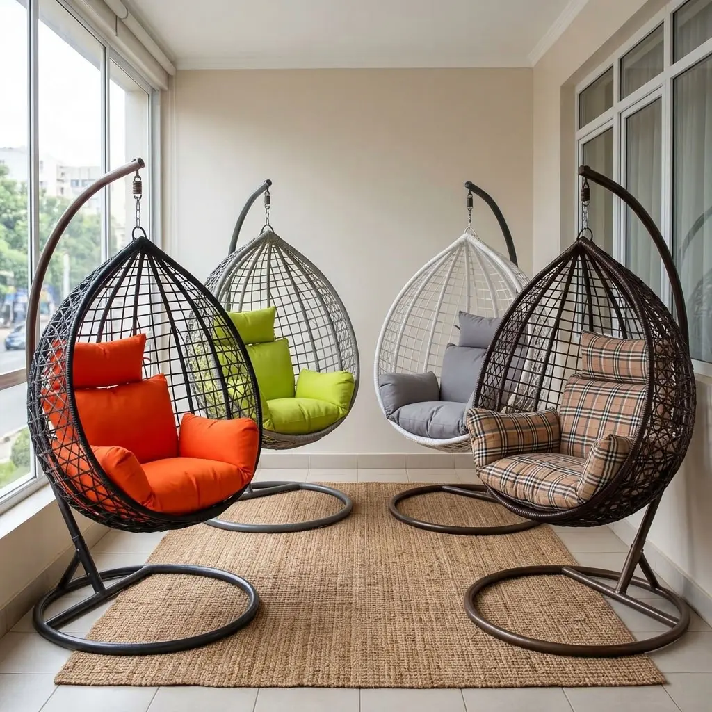 A collection of five teardrop-shaped Rattan Swing Hammock Chair units featuring hand-woven synthetic wicker baskets suspended from curved iron arch frames on circular pedestal bases, showcasing varied color ways including black with orange cushions, orange with lime green cushions, white with gray cushions, dark brown with plaid cushions, and natural tan with orange cushions.