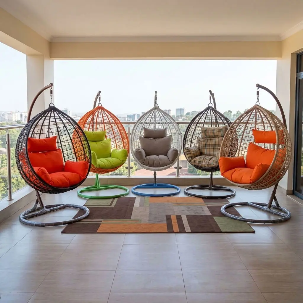 A collection of five teardrop-shaped Rattan Swing Hammock Chair units featuring hand-woven synthetic wicker baskets suspended from curved iron arch frames on circular pedestal bases, showcasing varied color ways including black with orange cushions, orange with lime green cushions, white with gray cushions, dark brown with plaid cushions, and natural tan with orange cushions.