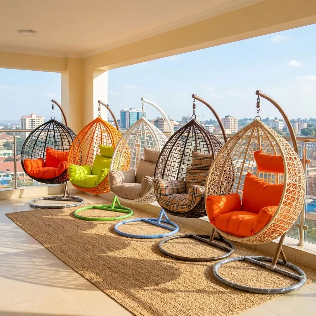 A collection of five teardrop-shaped Rattan Swing Hammock Chair units featuring hand-woven synthetic wicker baskets suspended from curved iron arch frames on circular pedestal bases, showcasing varied color ways including black with orange cushions, orange with lime green cushions, white with gray cushions, dark brown with plaid cushions, and natural tan with orange cushions.