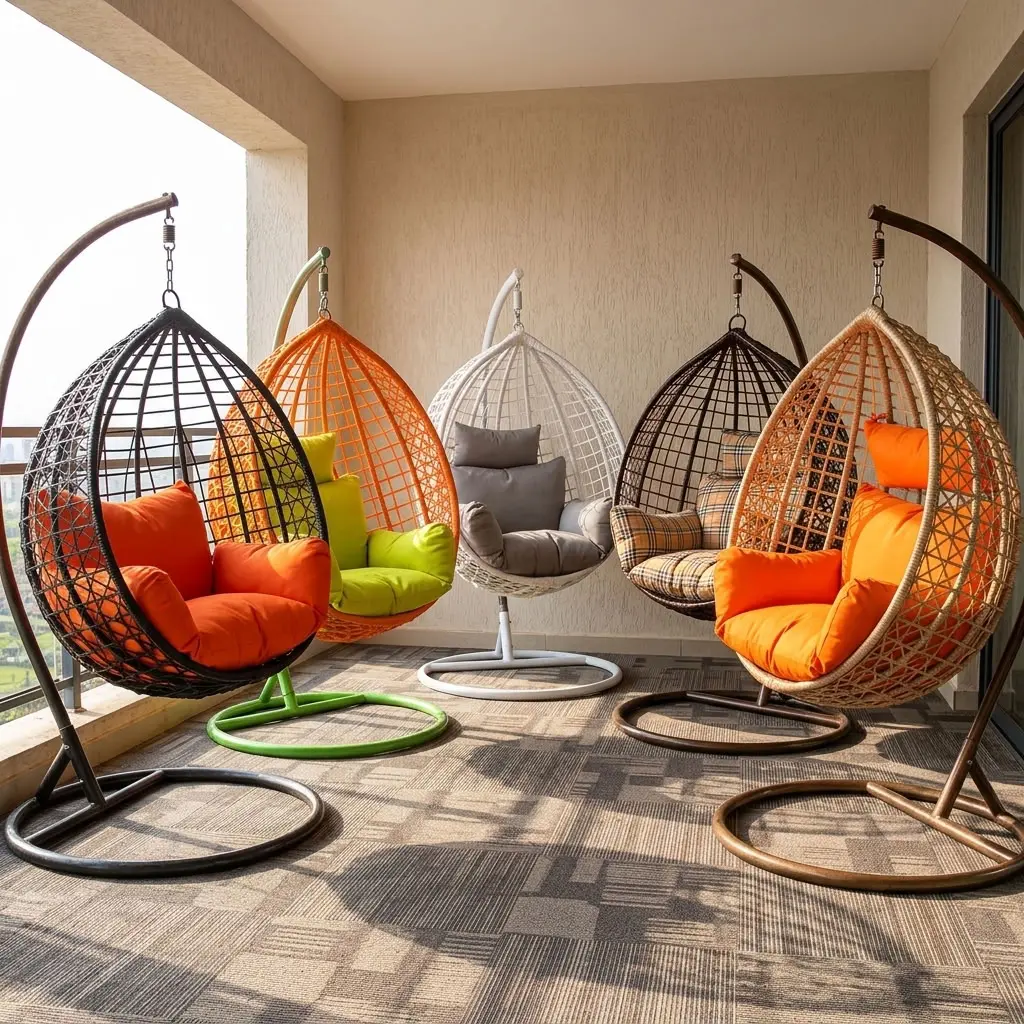 A collection of five teardrop-shaped Rattan Swing Hammock Chair units featuring hand-woven synthetic wicker baskets suspended from curved iron arch frames on circular pedestal bases, showcasing varied color ways including black with orange cushions, orange with lime green cushions, white with gray cushions, dark brown with plaid cushions, and natural tan with orange cushions.