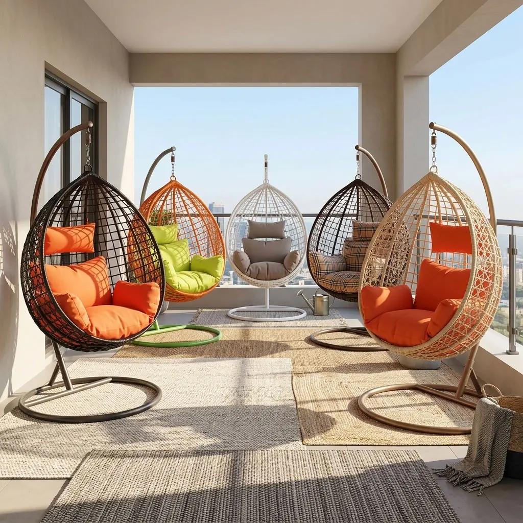 A collection of five teardrop-shaped Rattan Swing Hammock Chair units featuring hand-woven synthetic wicker baskets suspended from curved iron arch frames on circular pedestal bases, showcasing varied color ways including black with orange cushions, orange with lime green cushions, white with gray cushions, dark brown with plaid cushions, and natural tan with orange cushions.