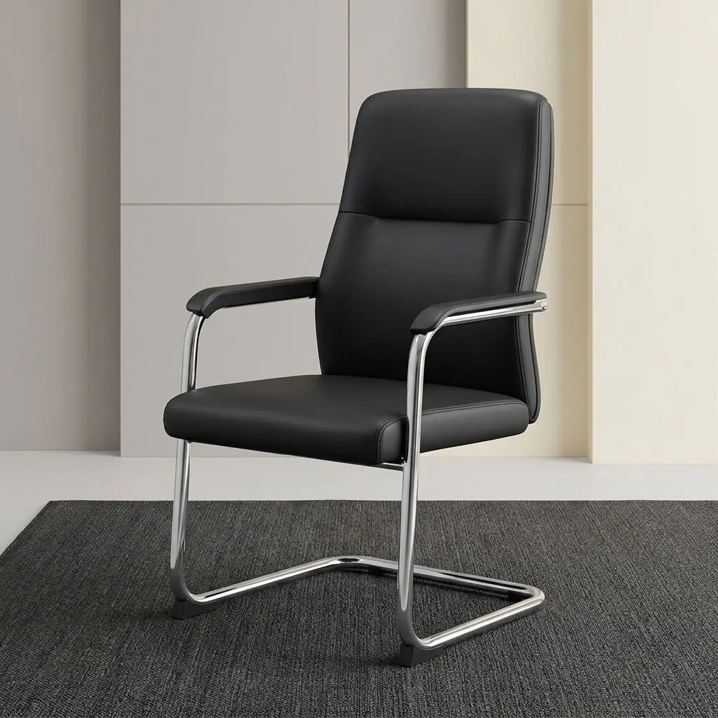 A premium mid-back Classic Executive Guest Chair showcasing a continuous polished chrome cantilever steel sled base, thick padded black leather seat and backrest cushions, and sleek chrome arched armrests capped with matching black arm pads.