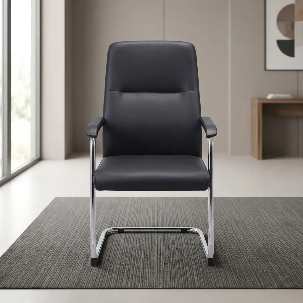 A premium mid-back Classic Executive Guest Chair showcasing a continuous polished chrome cantilever steel sled base, thick padded black leather seat and backrest cushions, and sleek chrome arched armrests capped with matching black arm pads.