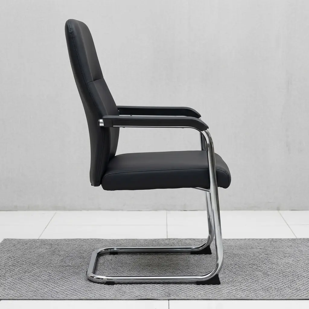 A premium mid-back Classic Executive Guest Chair showcasing a continuous polished chrome cantilever steel sled base, thick padded black leather seat and backrest cushions, and sleek chrome arched armrests capped with matching black arm pads.