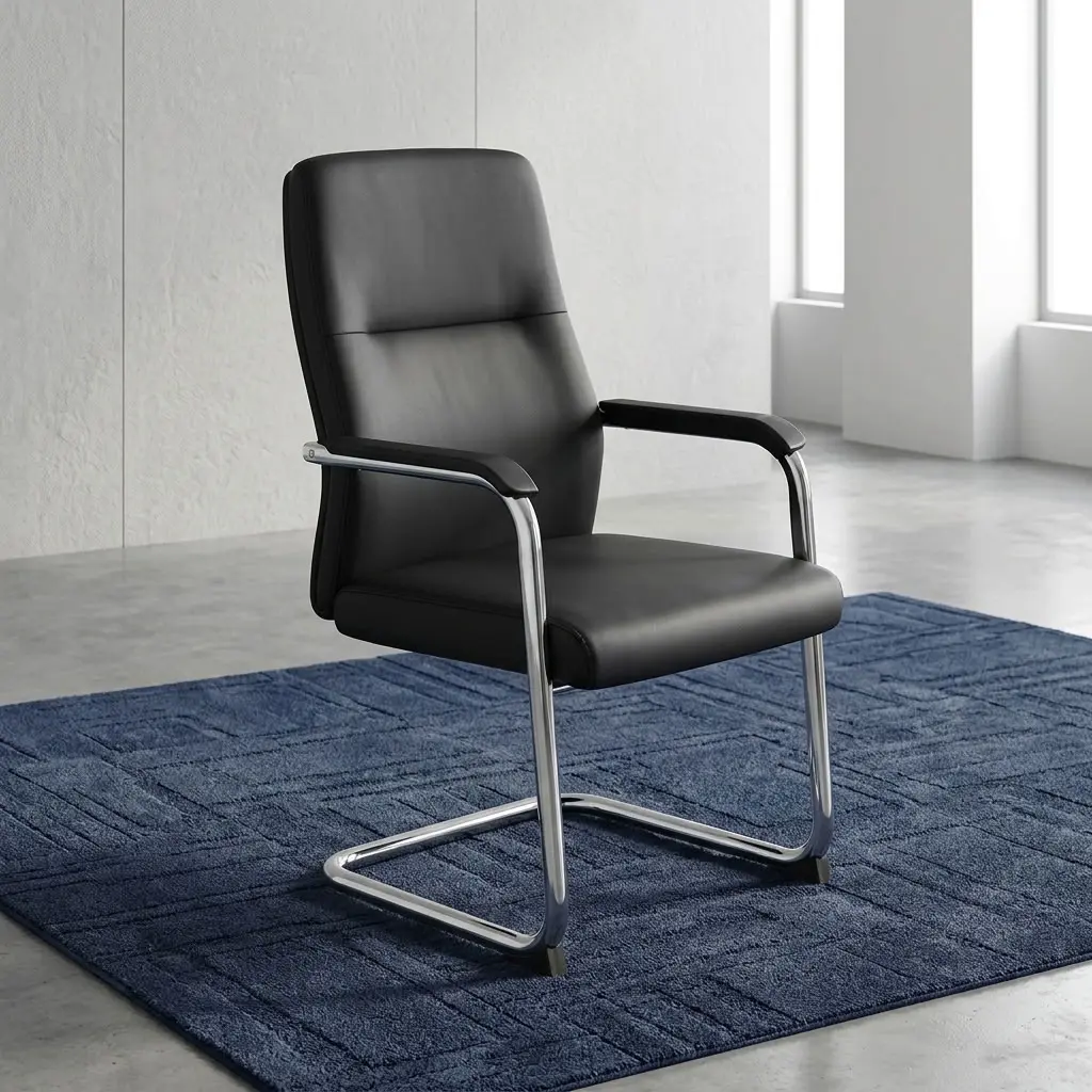 A premium mid-back Classic Executive Guest Chair showcasing a continuous polished chrome cantilever steel sled base, thick padded black leather seat and backrest cushions, and sleek chrome arched armrests capped with matching black arm pads.