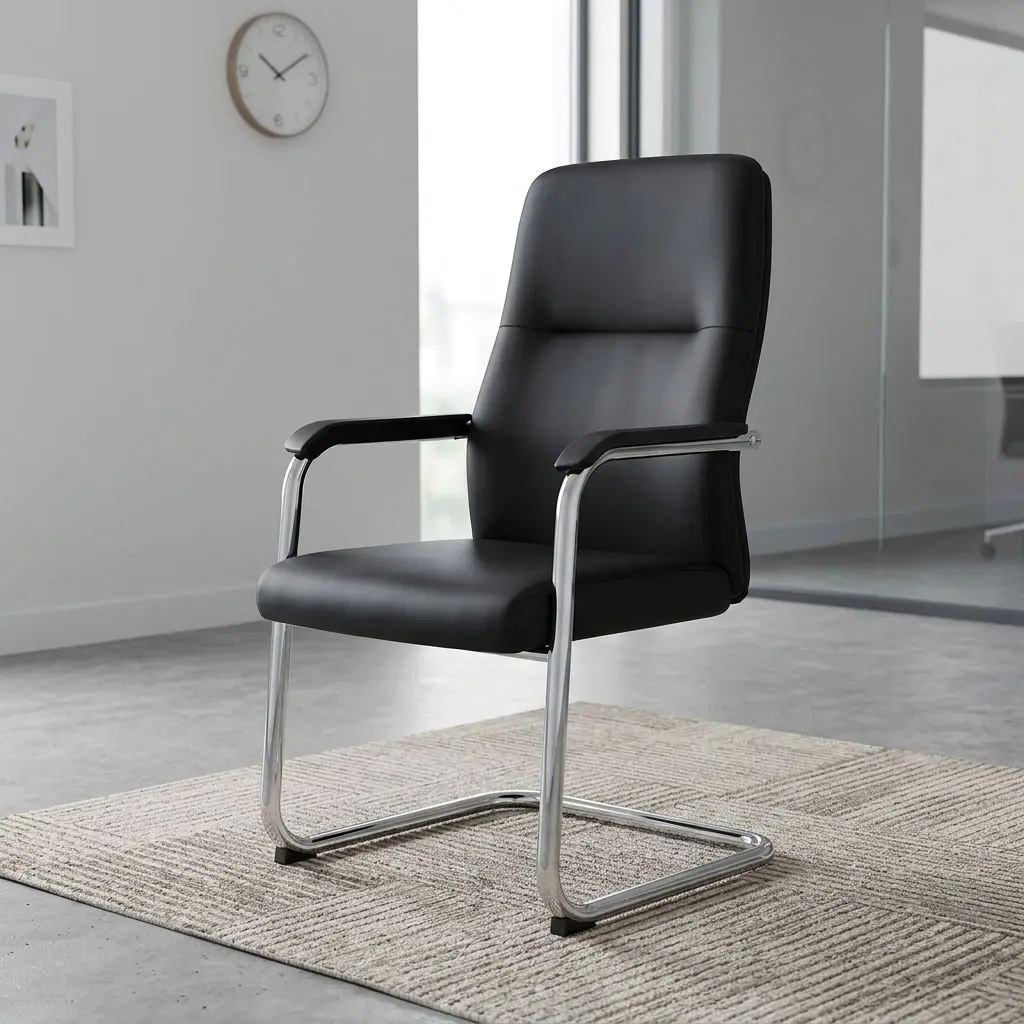 A premium mid-back Classic Executive Guest Chair showcasing a continuous polished chrome cantilever steel sled base, thick padded black leather seat and backrest cushions, and sleek chrome arched armrests capped with matching black arm pads.