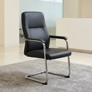 A premium mid-back Classic Executive Guest Chair showcasing a continuous polished chrome cantilever steel sled base, thick padded black leather seat and backrest cushions, and sleek chrome arched armrests capped with matching black arm pads.