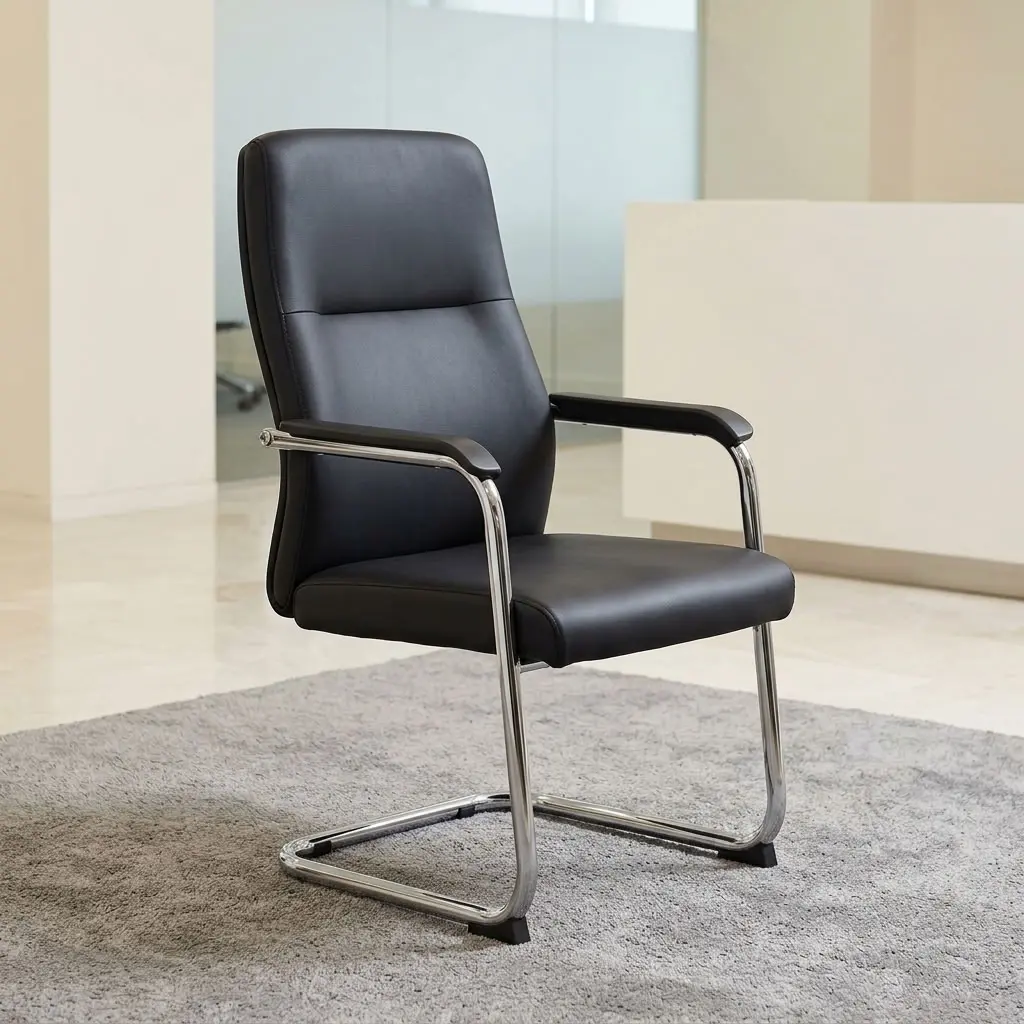 A premium mid-back Classic Executive Guest Chair showcasing a continuous polished chrome cantilever steel sled base, thick padded black leather seat and backrest cushions, and sleek chrome arched armrests capped with matching black arm pads.
