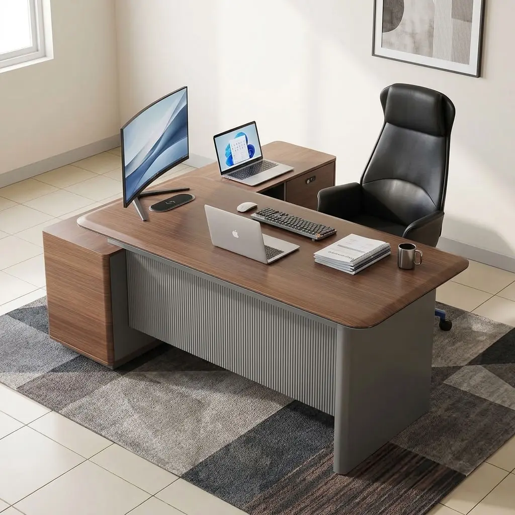 A premium L-shaped 1.6M Corporate CEO Office Desk featuring a thick teak-finished wooden top with curved corners, a prominent charcoal gray fluted front modesty panel, an integrated flip-up silver power grommet, and an attached side storage credenza with two storage drawers and open shelves.