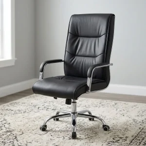 A premium high-back Executive Swivel Boardroom Seat featuring a contoured black leather seat and backrest accented with sophisticated horizontal stitched panels, fixed chrome arched armrests with black leather padding, and an adjustable polished chrome five-star swivel base on rolling casters.