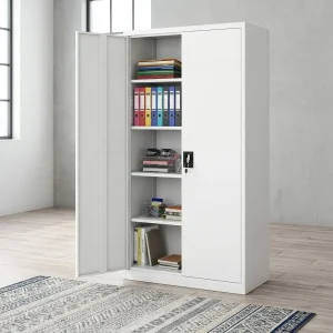 A premium matte white Lockable Steel Filing Cabinet with two doors, showcasing an open right door revealing five spacious internal storage shelves.