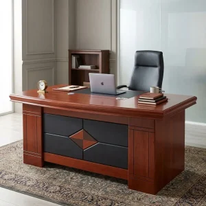 Mahogany finish 1.4M Executive With Mobile Drawers desk featuring a black leatherette inlay top and a standalone three-drawer rolling file cabinet.