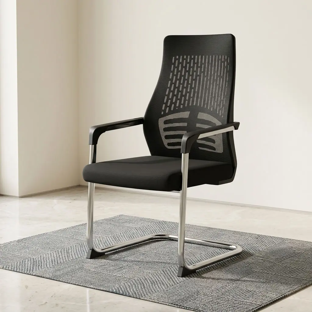 A premium Cantilever Mesh Guest Chair showcasing a continuous polished chrome steel sled base, black fixed armrests, and an ergonomic black mesh backrest.