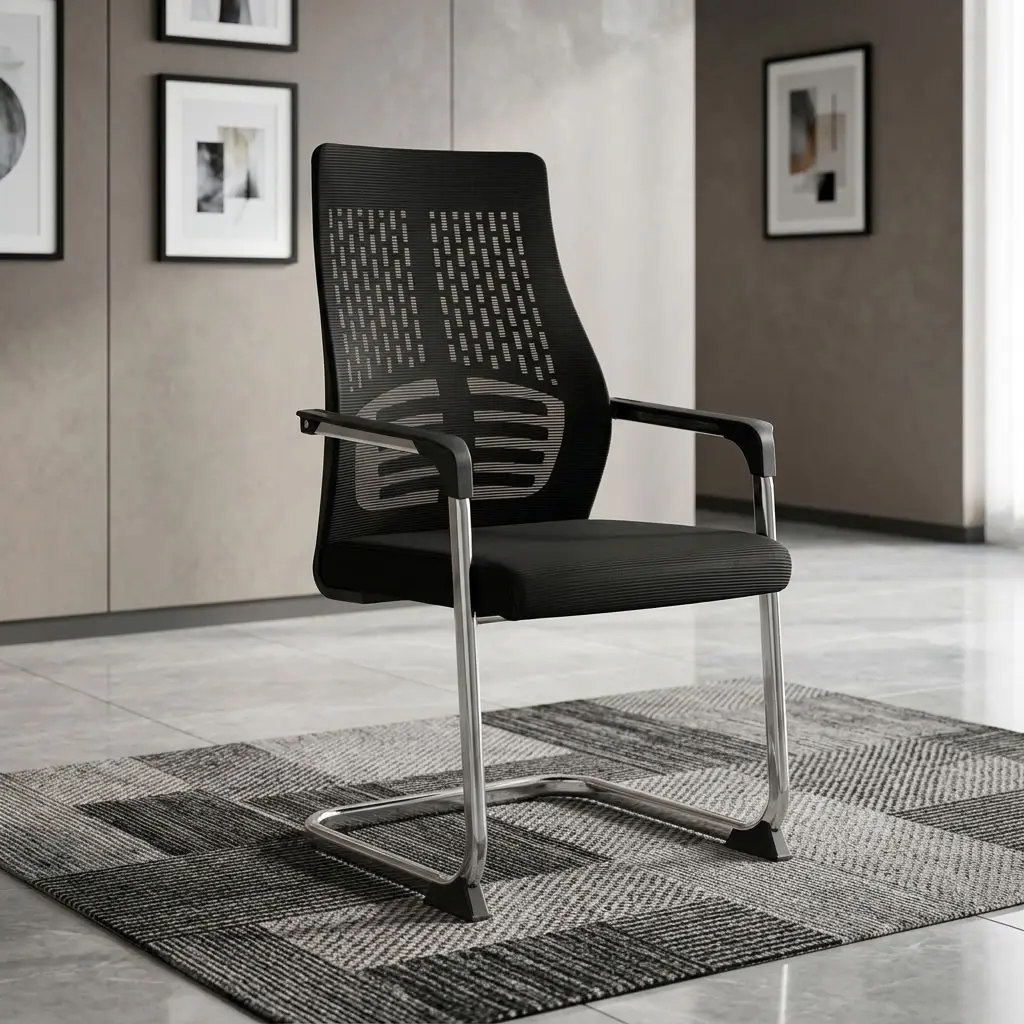A premium Cantilever Mesh Guest Chair showcasing a continuous polished chrome steel sled base, black fixed armrests, and an ergonomic black mesh backrest.