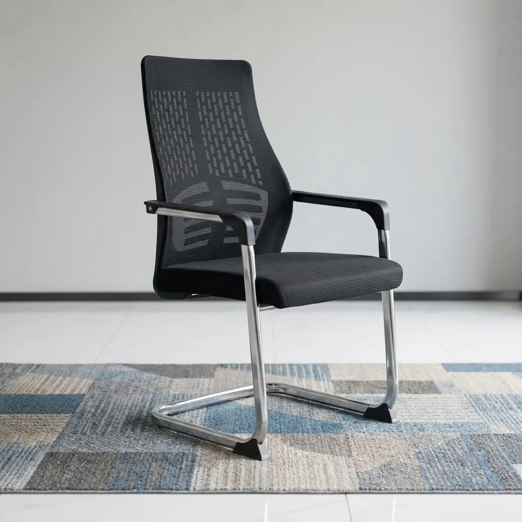 A premium Cantilever Mesh Guest Chair showcasing a continuous polished chrome steel sled base, black fixed armrests, and an ergonomic black mesh backrest.