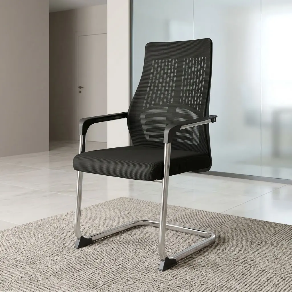 A premium Cantilever Mesh Guest Chair showcasing a continuous polished chrome steel sled base, black fixed armrests, and an ergonomic black mesh backrest.