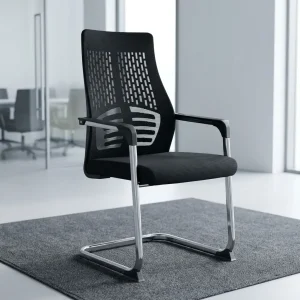 A premium Cantilever Mesh Guest Chair showcasing a continuous polished chrome steel sled base, black fixed armrests, and an ergonomic black mesh backrest.