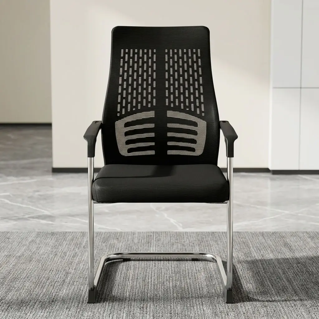 A premium Cantilever Mesh Guest Chair showcasing a continuous polished chrome steel sled base, black fixed armrests, and an ergonomic black mesh backrest.