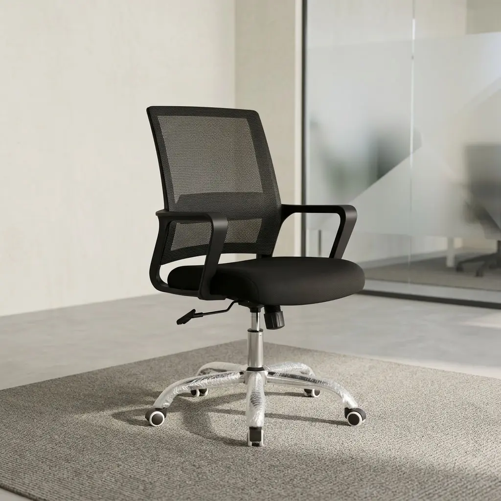A premium Mid Back Computer Chair featuring a black mesh backrest, fixed polymer armrests, black fabric cushion, and a polished chrome five-star rolling base.
