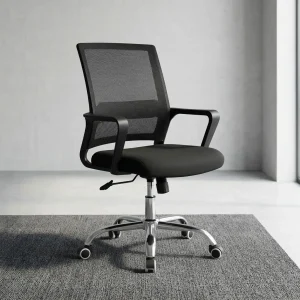 A premium Mid Back Computer Chair featuring a black mesh backrest, fixed polymer armrests, black fabric cushion, and a polished chrome five-star rolling base.