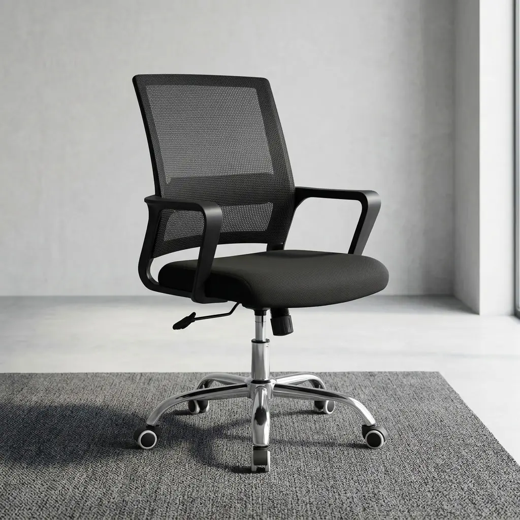 A premium Mid Back Computer Chair featuring a black mesh backrest, fixed polymer armrests, black fabric cushion, and a polished chrome five-star rolling base.