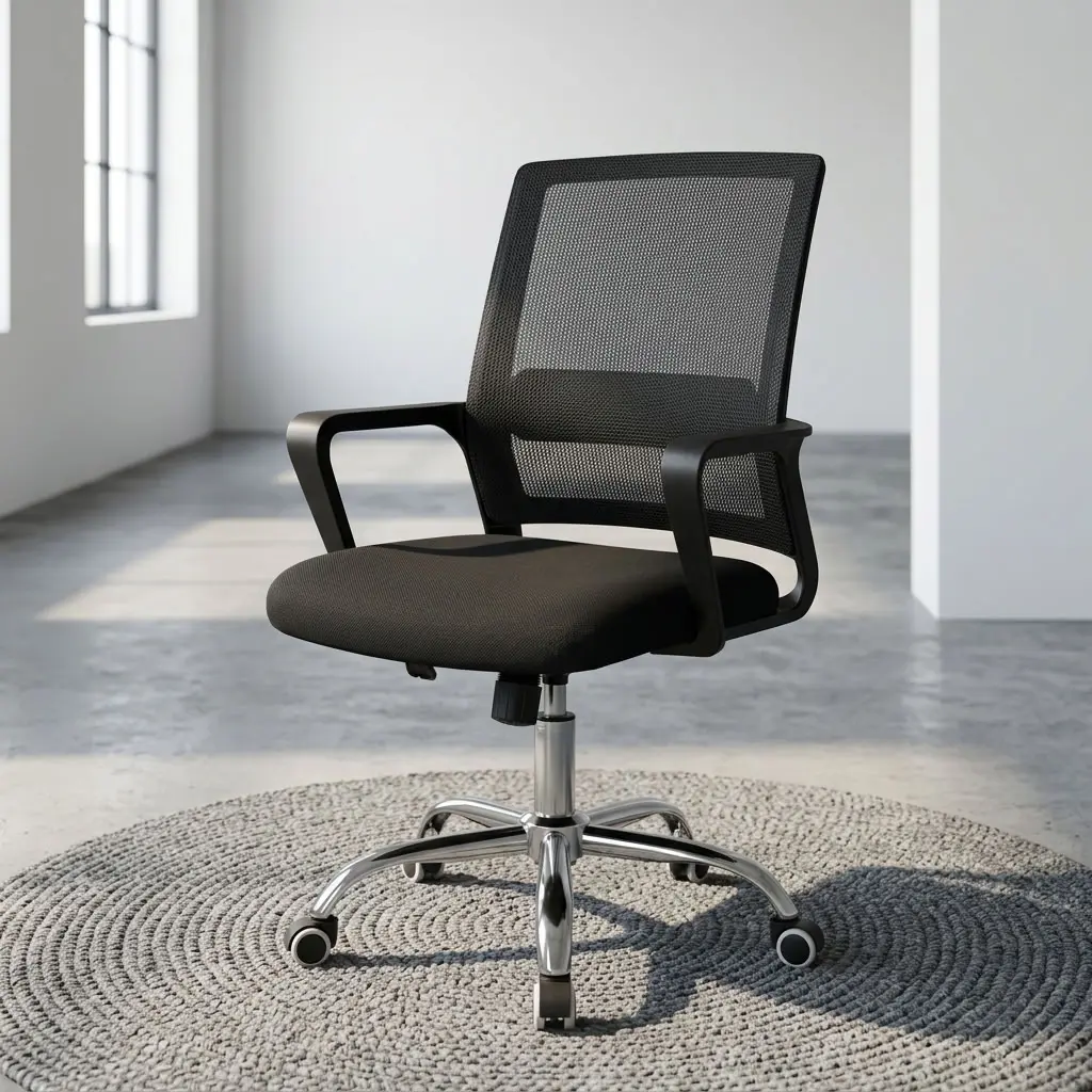 A premium Mid Back Computer Chair featuring a black mesh backrest, fixed polymer armrests, black fabric cushion, and a polished chrome five-star rolling base.