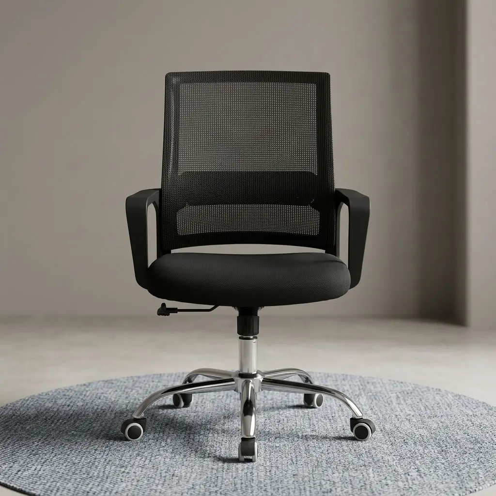 A premium Mid Back Computer Chair featuring a black mesh backrest, fixed polymer armrests, black fabric cushion, and a polished chrome five-star rolling base.
